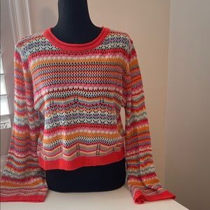Pink Lily Multicolor Open-Knit Crewneck Sweater - Coral Trim